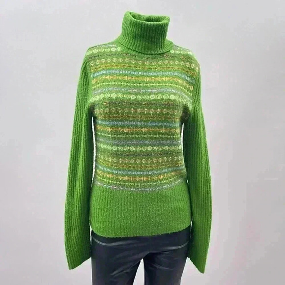 Vintage Knit Sweater Size L Green Y2K Fair Isle Turtleneck Energie Chunky - Picture 1 of 9